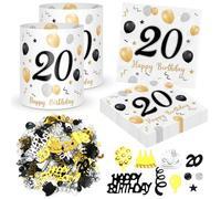 20 Servilletas de 20 Cumpleaños + 12 Farolillos Decoración de Mesa de 20 Cumpleaños + 500 Confeti de Decoración de 20 Cumpleaños, Oro Negro, Decoración 20 Años, Happy Birthday 20 Aniversario