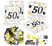 20 Servilletas de 50 Cumpleaños + 12 Farolillos Decoración de Mesa de 50 Cumpleaños + 500 Confeti de Decoración de 50 Cumpleaños, Oro Negro, Decoración 50 Años, Happy Birthday 50 Aniversario