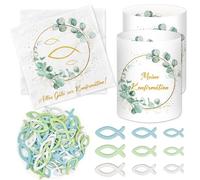 20 servilletas de confirmación + 12 portavelas de mesa + 60 peces de madera decoración de Meine Konfirmation Deko niño niña eucalipto verde fiesta regalos invitados decoración mesa decoración madera