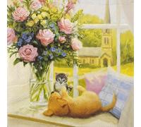 20 servilletas de perro jugando con gato en la ventana, decoración de mesa, decoupage, técnica de servilletas, 33 x 33 cm