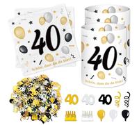 20 servilletas para 40 cumpleaños, 12 portavelas para decoración de mesa, 40 + 500 confeti, decoración para 40 cumpleaños, hombre y mujer, color negro y dorado