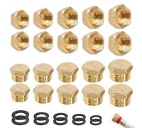 20 tapones ciegos, tapones ciegos para tubería de agua, rosca exterior e interior, 5 tamaños 1/8 1/4 1/2 3/8 3/4 pulgadas con 10 anillos de sellado, tapón de latón para tubería de agua de jardín