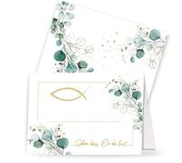 20 tarjetas de mesa para comunión y confirmación, diseño de pez alrededor de eucalipto, color blanco, eucalipto Golden Fish. Tarjetas de lugar festivas confirmación, comunión, bautizo como decoración