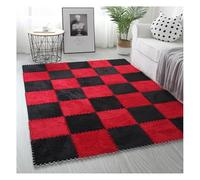 20 Tiles Solid Colored Plush Foam Play Mat, 12x12x0.4 in Square Puzzle Play Mats,EVA Foam Mats for Bedroom,Shaggy Bedside Indoor Floor Rug,Red+Black