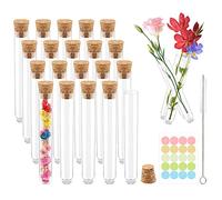 20 tubos de ensayo transparentes con corcho, mini 10 ml, flores pequeñas, tubos de ensayo de plástico, tubos de cristal, juego con cepillo de limpieza y colgante para flores, especias, hierbas