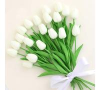 20 tulipanes artificiales, flores artificiales para tumbas, decoración, jardín y al aire libre, tulipanes falsos que parecen flores artificiales reales en jarrón, flores artificiales blancas