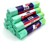 Bolsas de basura con cordón, 60 litros, 20 unidades por rollo, 63 x 74 cm, resistente a la rotura y a los líquidos