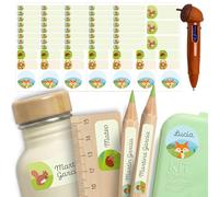 200 Etiquetas Adhesivas Personalizadas 0+ con Bolígrafo 4 formas - Papel FSC y Pegamento Bio-Based | Pegatinas Personalizadas para Escuela, Guardería y Casa