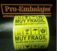 200 Etiquetas MUY FRAGIL MANEJAR CON CUIDADO + Pictogramas - Papel fluor amarillo - Tamaño 100 x 50 mm - Suministradas en 1 rollo