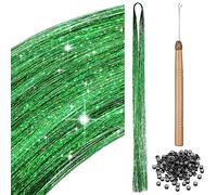 200 Hebras de Pelo de Oropel de Plata con Herramientas Kit de Extensión de Pelo Hilo de Extensión de Pelo Brillante Extensión de Cabello de Oropel para Trenzas Niña Mujer Festival Fiesta (Verde)