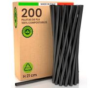 200 Pajitas de Bioplástico Rígido 100% Reutilizables y Ecológicas - 21cm x 6mm, Made in Italy, Biodegradables y Compostables - Ideales para Bebidas, Cócteles, Eventos y Fiestas - Color Negro