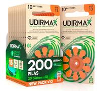 200 Pilas para Audífonos Tamaño 13 Udirmax PR48 Naranja Zinc-Air Eco Pack - 20 Ampollas Ecológicas de 10 Pilas