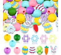 200 Pulsera de Pascua, Cuentas de Madera de Colores, Abalorios para Hacer Pendientes DIY Huevo de Pascua, Conejito, Flor de Zanahoria Cuentas Redondas de Madera para Collares (A)
