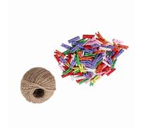 200 Uds Madera Natural Mini Pinzas Clip Peg con 1 Rollo de 50 Metros Cuerda de yute - Durable y Multifuncional - Ideal para Colgar Ropa, Proyectos de Artesanía,