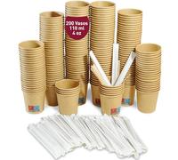 200 Vasos Desechables Café de Papel Cartón Kraft 110 ml / 4 oz. Vasos para Café Corto, Lungo, Expreso y Más con Paletinas de Madera Envueltas en Papel