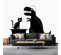 200 x 140 cm Papel pintado fotográfico efecto 3D, Gato Tiranosaurio Rex Dibujos Animados Fotomurales Tejido No Tejido Murales Fotográfico Moderno Decoración de Paredes para salón o dormitorio, Blanco