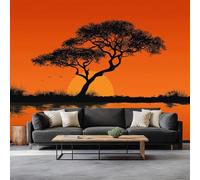 200 x 140 cm Papel pintado mural Color Naranja Arte Papel tapiz Fotomural Paisaje Natural Con Puesta De Sol Y Acacias, Moderna Decoración Tejido no Tejido Decoración De Pared Sala Cuarto