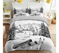 200 x 220 Esquís Bastones Montañas Cabaña Funda Edredon estampada Realista Boceto Funda nórdica Deportes Invierno Paisaje Transpirable Funda Edredon fácil de cuidar 2 Pillowcases Mujeres Adultos