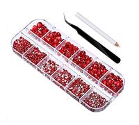 2000 diamantes de imitación para uñas, gemas de cristal para uñas, parte trasera plana, diamantes de imitación en 6 tamaños, 1,5-6 mm, almacenados en una caja de 12 compartimentos, color rojo