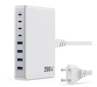 200W Cargador USB C Multiple, 8-in-1 GAN III Cargador Carga Rápida PPS QC4.0 PD 65W Cargador de Portátil, Universal USB C Charger para MacBook Pro/Air, iPhone 16/15/14/13 Pro,Samsung etc.(Blanco)