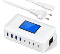200W Cargador USB C Multiple, 8-Port USB C Cargador Portátil PD 65W Carga Rápida, Estación de Carga USB con Pantalla LCD, para MacBook, iPad, iPhone 16/15/14/13 Pro/MAX y Samsung S24/S23-Blanco