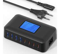 200W Cargador USB C Multiple, 8-Port USB C Cargador Portátil PD 65W Carga Rápida, Estación de Carga USB con Pantalla LCD, para MacBook, iPad, iPhone 16/15/14/13 Pro/MAX y Samsung S24/S23-negro