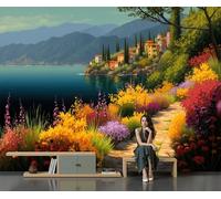 200x140cm Papel pintado mural Amarillo Arte Papel tapiz Fotomural Estilo de pintura al óleo realista Pueblo de Flower Lake, Moderna Decoración Seda Decoración De Pared Sala Cuarto