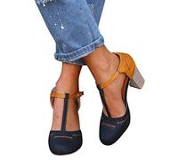 2019 Zapatos De Tacón Alto Ancho, Sandalias De Vestir En Contraste Punta Redonda Zapatillas con Hebillas Sandalias Romanas De Boda Fiesta De Baile Elegante Chic De Verano Primavera 35-43 (Negro1, 39)