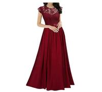 2021 Nuevo Vestido Ajustado de Gasa con Costuras de Encaje, Vestidos Largos para Damas de Honor, Vestidos de Noche para Mujer, Bata de Color sólido para Mujer -Rojo-XL