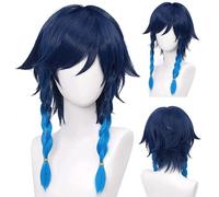 2022 Anime Cosplay Peluca for Genshin Impact Venti, Azul con Braid Medio Medio Modelo Modelado Partido Peluca, Pelucia Sintética Resistente al Calor Sin Tangla Sin Cobertizo + Peluca Free Wig