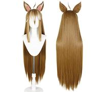 2022 Anime Game Cosplay Peluca for Genshin Impact Gorou, Mujeres con orejas de clip gemelas Cabello castaño largo y recto Modelado Fiesta Vestir Peluca, Pelo sintético resistente al calor + Gorro de p