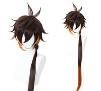 2022 Anime Game Cosplay Peluca for Genshin Impact Zhongli, largo marrón naranja coleta pelo modelado fiesta vestir peluca, pelo sintético resistente al calor sin enredos, sin derramamiento + gorro de