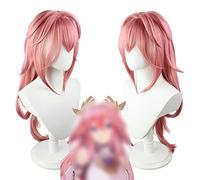 2022 Anime Game Cosplay Wig FOR GENSHIN Impact Yae Miko, Mujeres Pink Pin Pink Modeling Party Dress Up Peluca, Pelo sintético Resistente al Calor No Tangle, Sin Shedding + Wig Cap