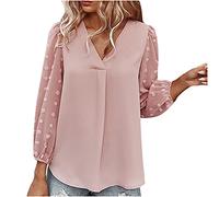 2022 Blusa de Gasa Mujer, Camiseta de Manga Larga Moda Patchwork Blusa Cuello en V Elegante Camisa Color sólido Basica Camiseta Suelto Primavera Verano Tops Casual T-Shirt Fiesta Original tee