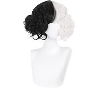 2022 Cruella Blanco y Negro Medio Negro Medio Blanco Corto Curly Queen Wig + Wig Cap Halloween Cosplay ( Color : White and Black )
