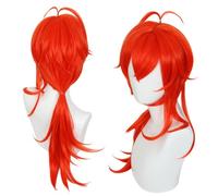 2022 Juego de anime Cosplay Peluca for Genshin Impact Diluc, Red Rizado Pelo Panalado Pelo Modelado Peluca Peluca, Resistente al calor Cabello sintético Sin Tangle, Sin Shedding + Cap de peluca gratis