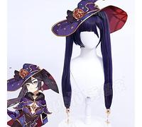 2022 Juego Genshin Impactar Mona Cosplay Peluca Negro y Púrpura Color Mixto Doble Panalera Larga Fibra Peluca Sintética