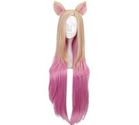 2022 Peluca de cosplay de juego de anime, peluca KDA Ahri, con orejas de gato, pelo largo rosa dorado for mujer con gorro de peluca gratis, for Halloween, fiesta, carnaval, vida nocturna, conciertos,