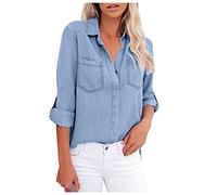2023 Blusa Camisa Vaquera Mujer Primavera Verano Elegante Color sólido Manga larga Moda Blusas Camisa de oficina negocio Cuello en v Basic Camiseta Tops Casual fiesta T-Shirt original tee Talla grande