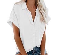 2023 Camisa de Manga Corta Mujer, Moda Color sólido Blusa Verano Camiseta Cuello en V Botones Suelto Oficina Negocios Fiesta Tops Casual T-Shirt Original tee Basic cómodo Jersey Tallas Grandes