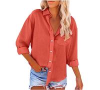 2023 Camisa de Manga Larga Mujer algodón y Lino Color sólido Blusa Cuello en V Camisa Moda Casual Camiseta Elegante Tops Suelto T-Shirt otoño Primavera Oficina Negocios Talla Grande tee Cómodo