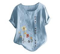 2023 Camiseta de Manga Corta Mujer, Moda Verano Impresión Lino de algodón Blusa Camisa Cuello Redondo Camiseta Suelto Tops Fiesta Casual T-Shirt Original cómodo tee Elegante Jersey Talla Grande