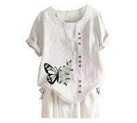 2023 Camiseta de Manga Corta Mujer, Moda Verano Impresión Lino de algodón Blusa Camisa Cuello Redondo Camiseta Suelto Tops Fiesta Casual T-Shirt Original cómodo tee Elegante Jersey Talla Grande