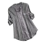 2023 Camiseta de Manga Larga Mujer algodón y Lino,Primavera Verano Elegante Raya Manga Larga Moda Blusas Camisa de Oficina Negocio Cuello en v Basic Camiseta Tops Fiesta T-Shirt Original tee