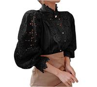 2023 Camiseta de Manga Larga Mujer Moda Colores sólido Blusa Encaje Elegante Camisa Cuello Alto Suelto Tops Fiesta Casual T-Shirt Original otoño Primavera Botones tee Cómodo Jersey