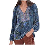 2023 Camiseta de Manga Larga Mujer Moda impresión Elegante Blusa Camisa Cuello en V Terciopelo Retro Vintage Suelto Tops Fiesta Casual T-Shirt Original otoño Primavera tee Cómodo Jersey