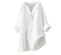 2023 Camiseta Manga Corta Mujer, Verano Moda Colores sólidos Algodón y Lino Blusa Camisa Botones Cuello en V Basica Camiseta Suelto Tops Casual Fiesta Cómodo T-Shirt Original tee Talla Grande