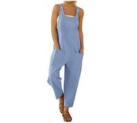 2023 Mono Peto Mujer Lino de algodón Suelto Jumpsuit Moda Casual Petos de Pantalones Largo Bolsillo Color Sólido Peto Pierna Ancha Rompers Playa Cómodo Pantalón Botones Verano Otoño