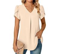 2023 Mujer Verano Moda Gasa Camiseta Cuello de Pico Manga Corta Túnica Top Adecuado para Leggings Blusa sin cordones Mujer Manga Larga, beige, L