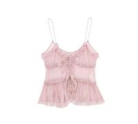 2023 Nuevo Verano Mujer Moda y Sexy Malla translúcida en Capas Pura lujuria Top-Rosa-M